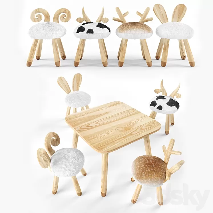 animal wooden set 3D Model