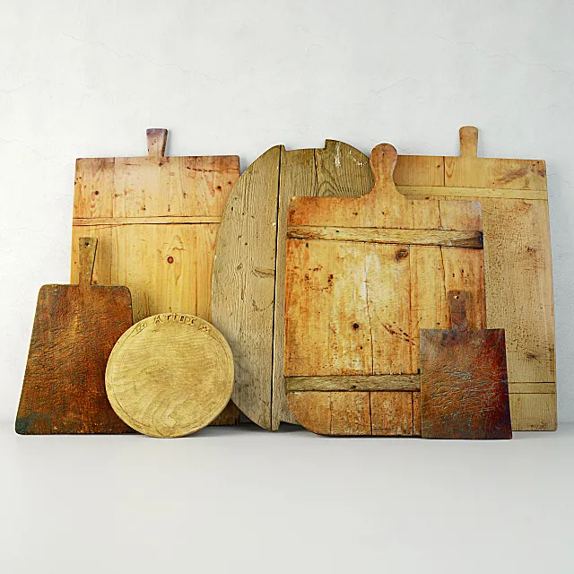 Antique Cutting Boards with Knife 3DModel
