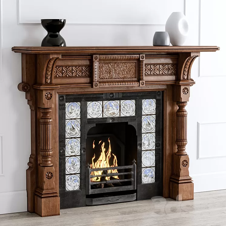 Antique Oak Fireplace 3D Model