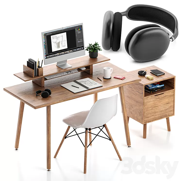 Apple Wooden WorkPlace Home Office 3D Model Free
