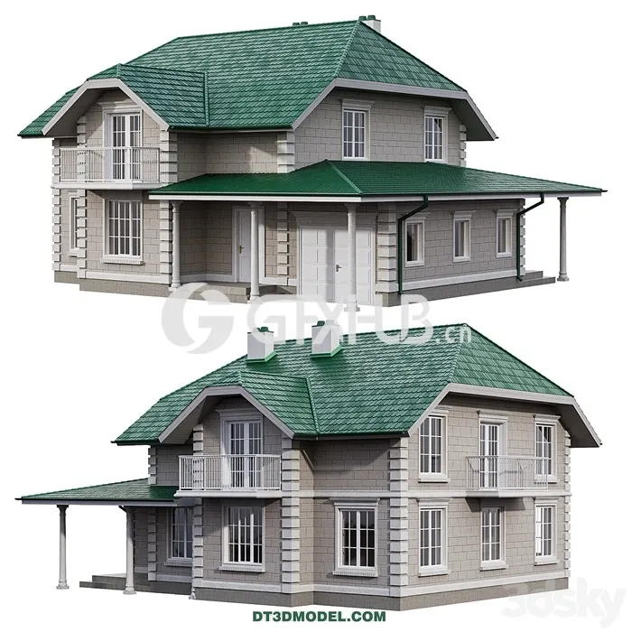 Architecture – Building – Two-story house in a classic style with facade stucco and columns