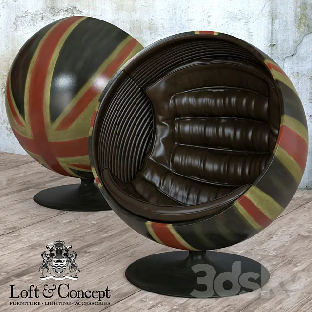 Armchair Ball Pod Chair Union Jack & Brown Leather 3D Model