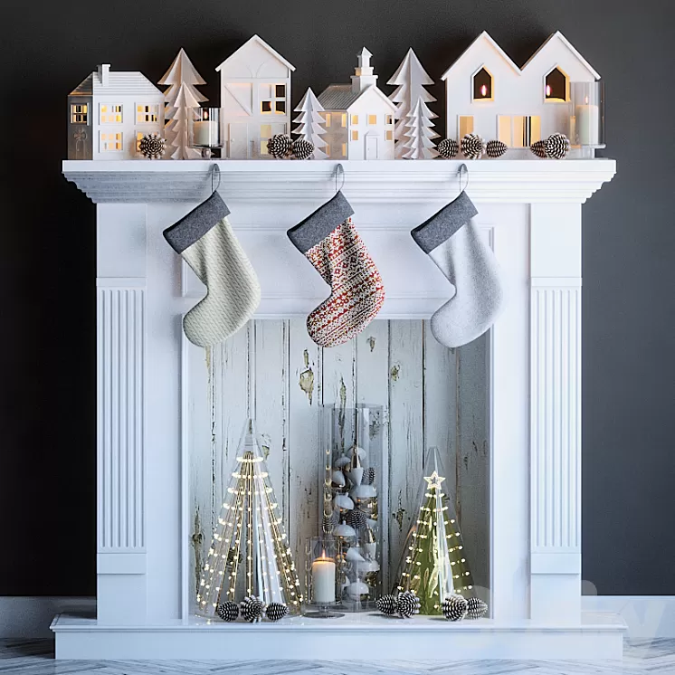Artificial fireplace with candles and Christmas decoration 2 3D Model