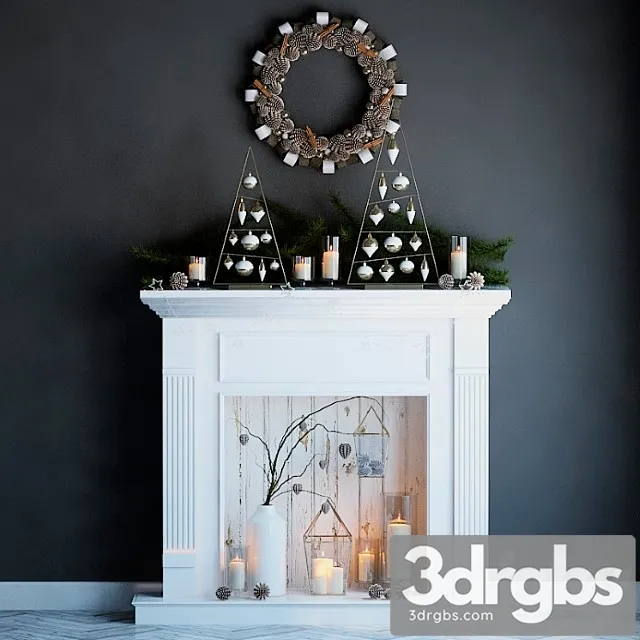 Artificial Fireplace With Candles and Christmas Decorations 3D Model Free