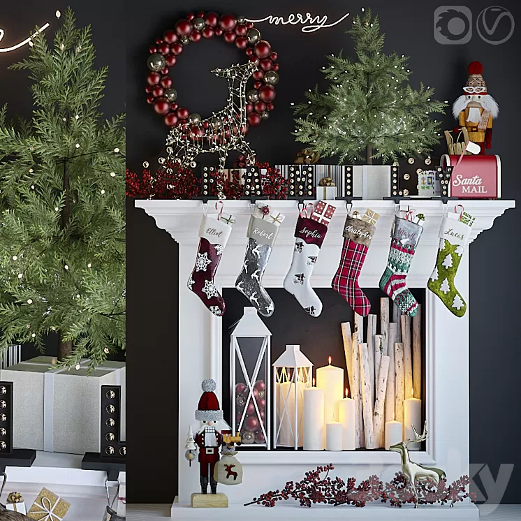 Artificial fireplace with Christmas decoration 5 3D Model
