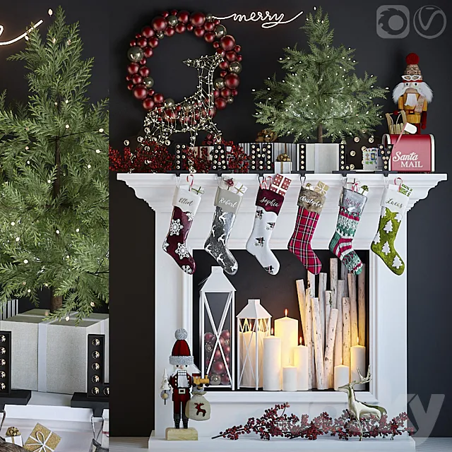 Artificial fireplace with Christmas decoration 5 3DModel