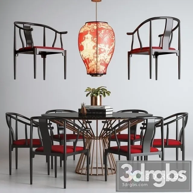 Asian Table and Chair Set 01 3D Model Free