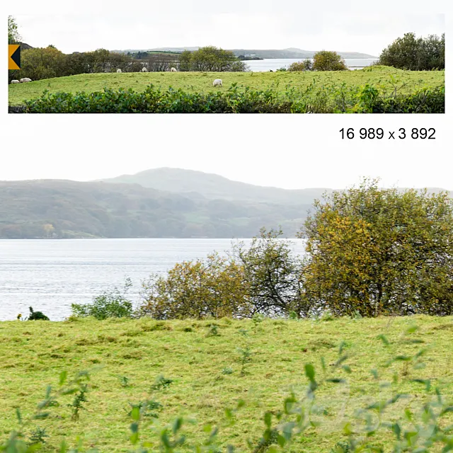 Autumn panorama. Northern Ireland. View of the ocean bay and field. 3D Model