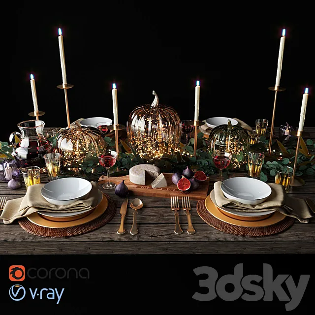 Autumn table setting with pumpkins 3D Model