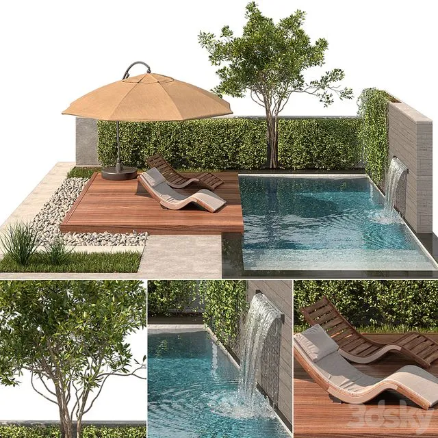 Backyard with Pool & plants & Furniture 3D Model