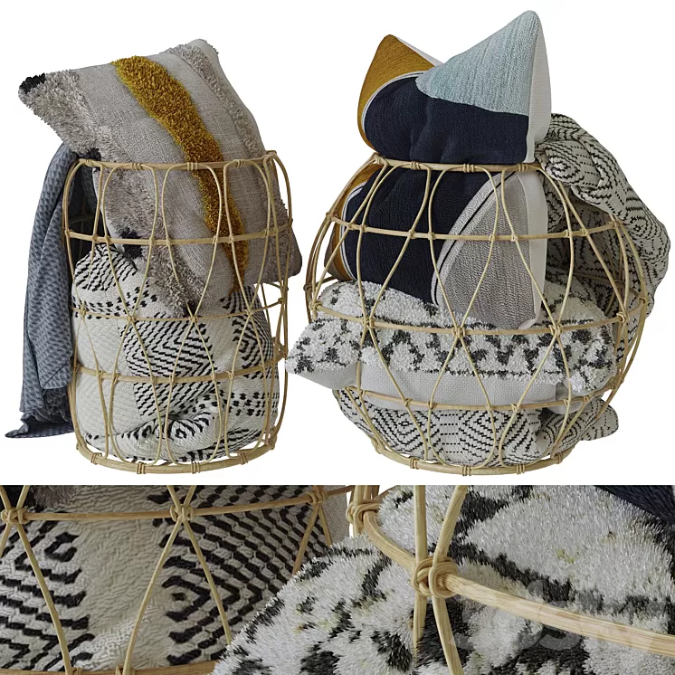 Bamboo basket with decorative pillows and a blanket 3D Model
