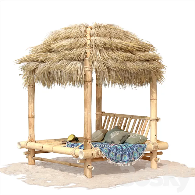 Bamboo hut with bed 3D Model