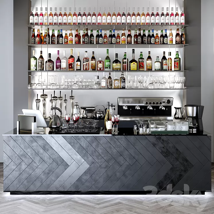 Bar counter with a collection of alcohol. Alcohol bar 3D Model