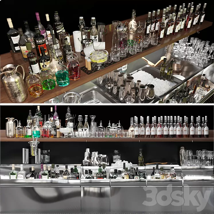 Bar counter with elite alcohol and cocktails. The pub 3D Model