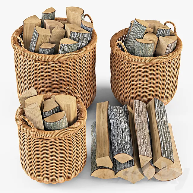 Basket with firewood 007 _ Natural color 3D Model