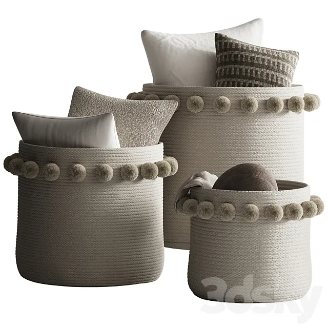 Basket with pompoms and pillows 3D Model