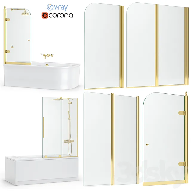 Bath screens and bathtubs Radaway gold and Ravak set 121 3D Model