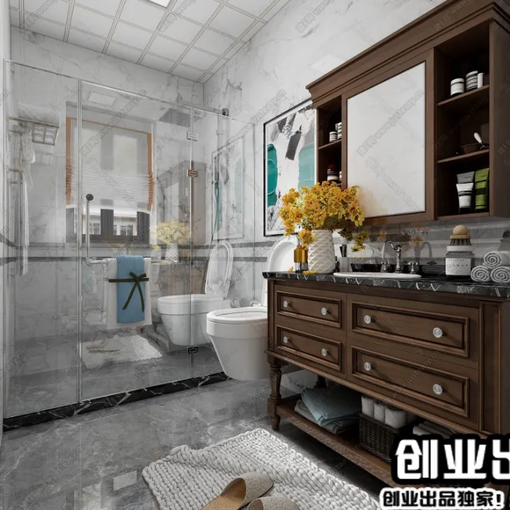 Bathroom 3D Interior Scene - American Style - 001