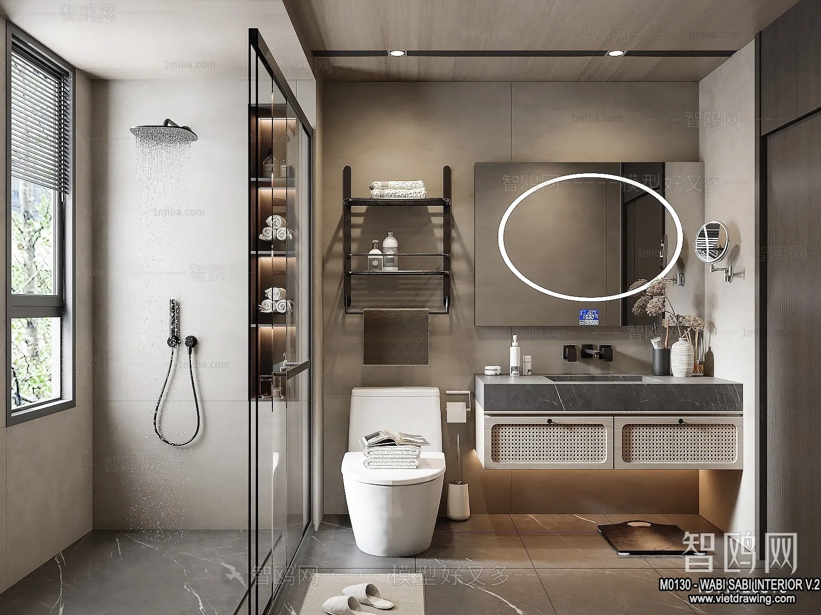 Bathroom 3D Interior Scene Model - Wabi Sabi Style - 001