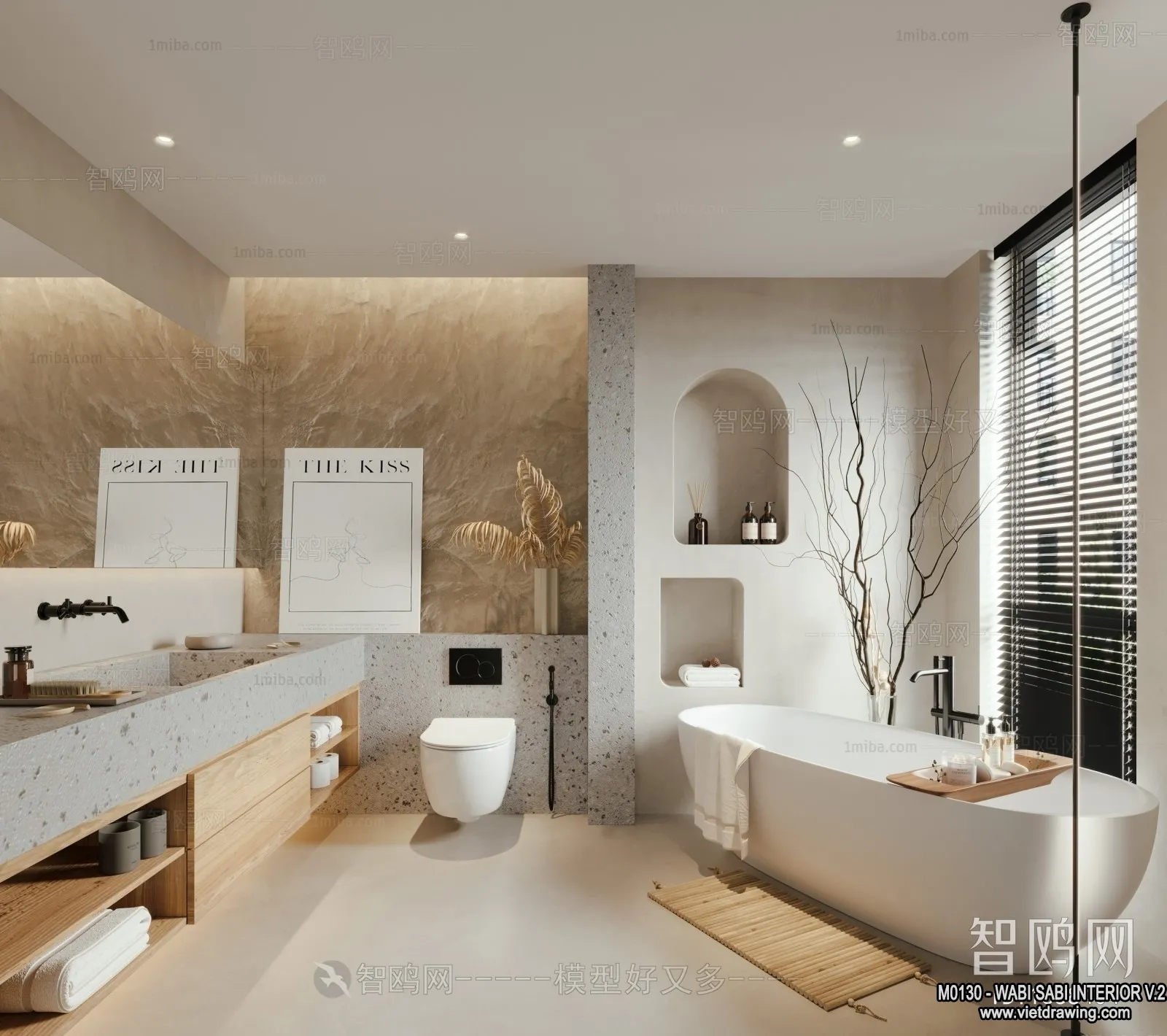 Bathroom 3D Interior Scene Model - Wabi Sabi Style - 002