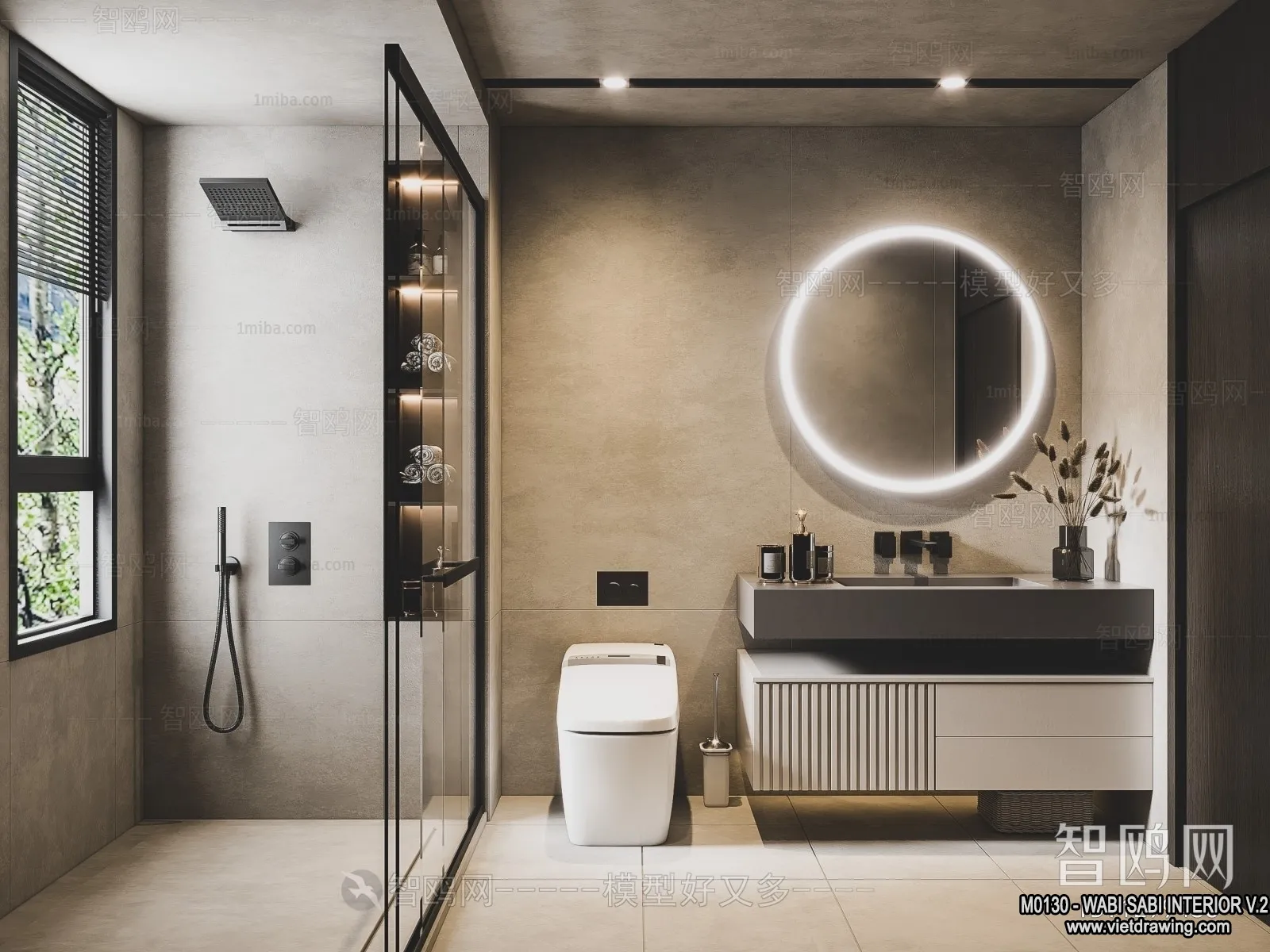 Bathroom 3D Interior Scene Model - Wabi Sabi Style - 007