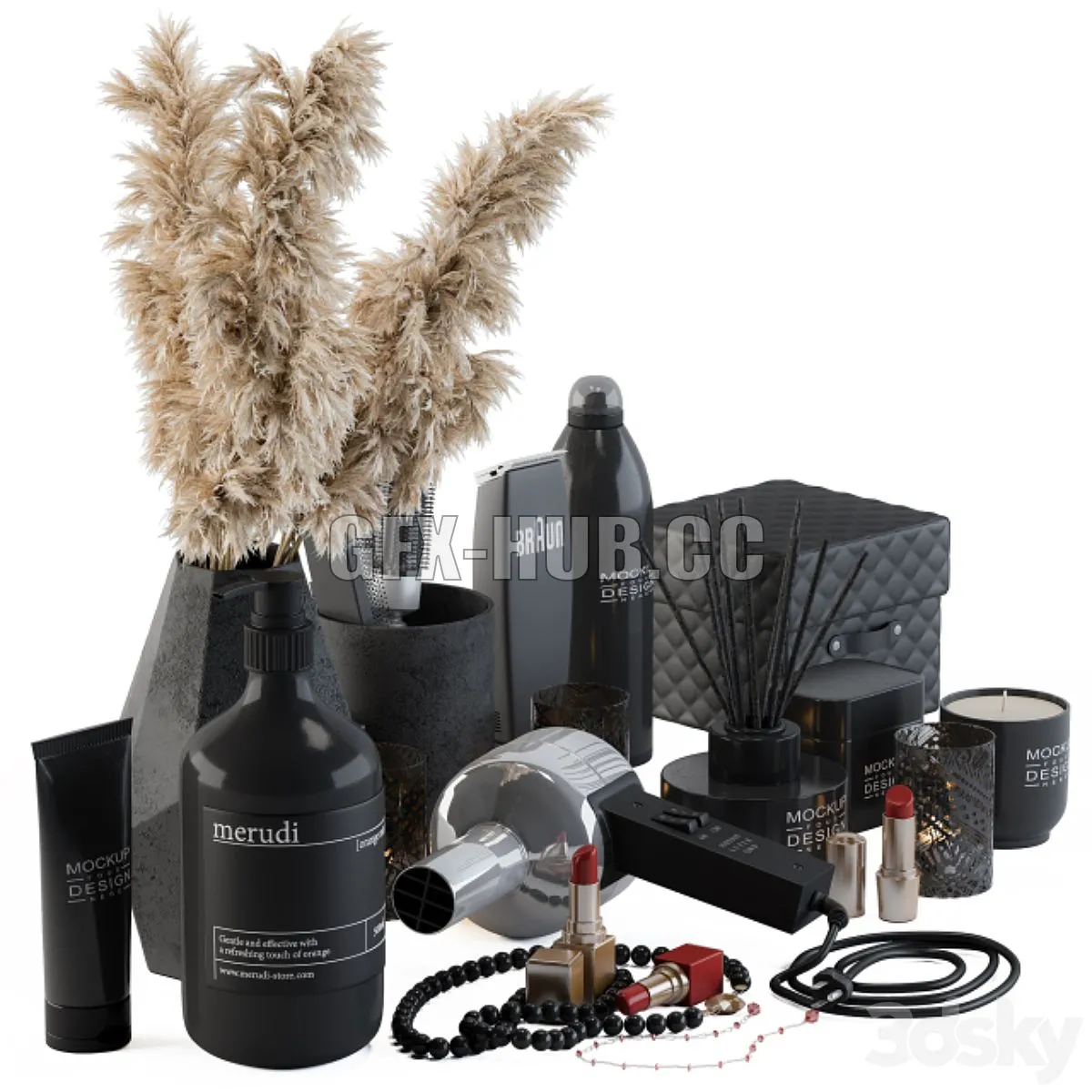 Bathroom Decor Set 05 - Black Set with pampas Plant 3D Model