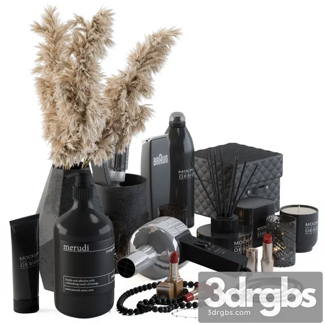 Bathroom Decor Set 05 Black Set with Pampas Plant 3D Model Free