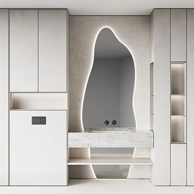Bathroom furniture set 8. Monochrome grey. Curved mirror shape. Stone sink. Wall-mounted faucet. 3D Model