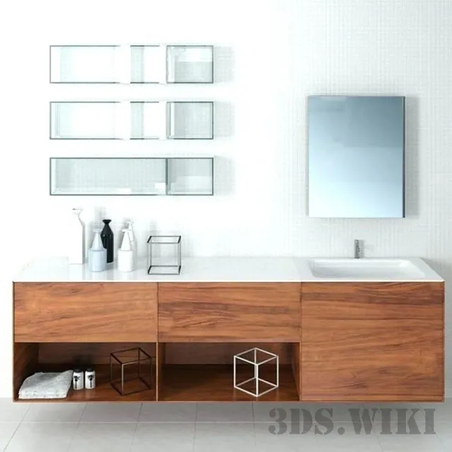 bathroom - Glass shelves and wooden cupboard 3D Model