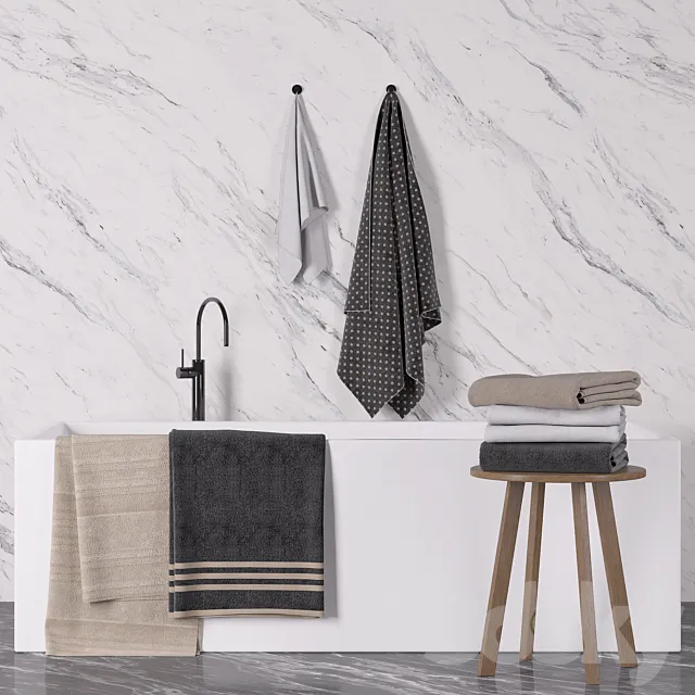 Bathroom towel set + bathtub 3D Model