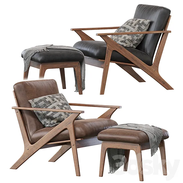 Baxton Studio Bianca Mid-Century Modern Walnut Wood Distressed Faux Leather Lounge Chair And Ottoman Set 3D Model
