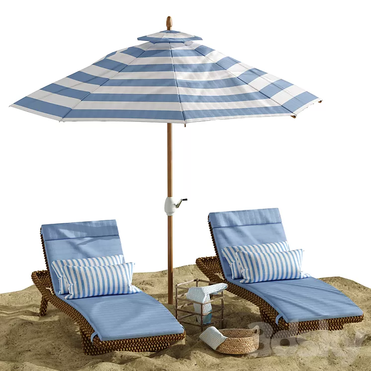 Beach umbrella and chaise longue set 2 3D Model