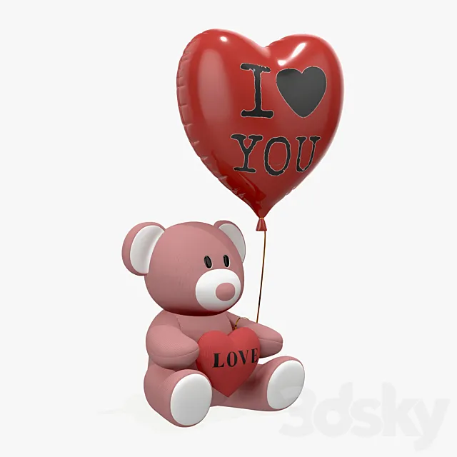 bear teddy plush toy with heart and balloon 3D Model