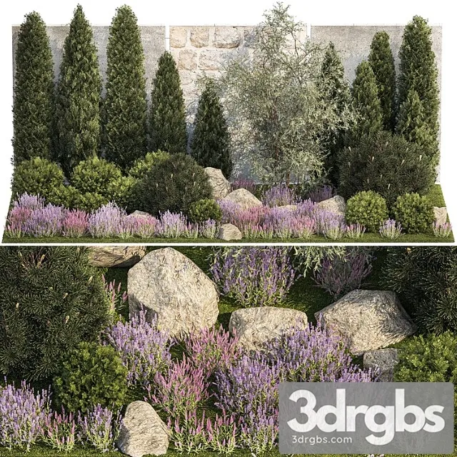 Beautiful Garden with Arborvitae and Landscaping with Pine Cypress Topiary Boulder Stones Flowers and Lavender Sage Bushes 1265 3D Model Free