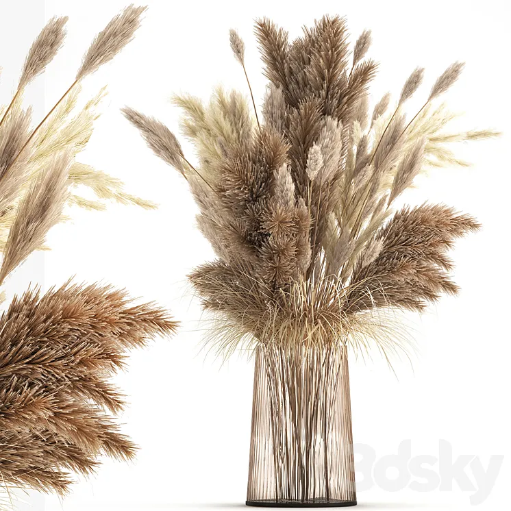 Beautiful lush bouquet of dried flowers in a vase with dry branches of pampas Cortaderia white reeds. 146. 3D Model Free