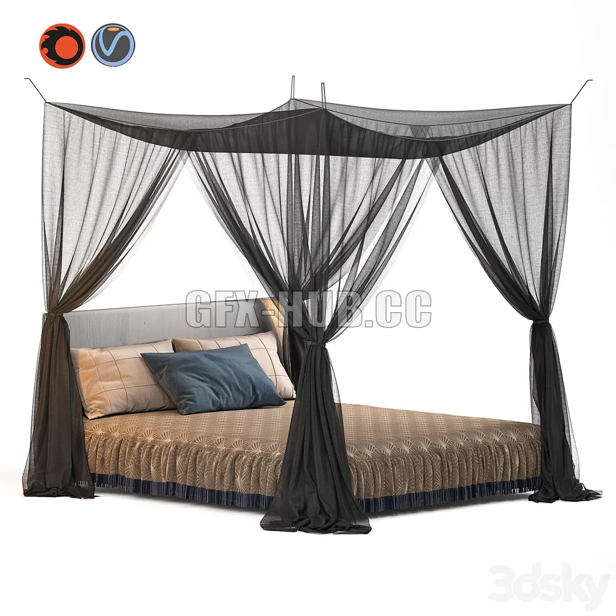 Bed 9 with hanging mosquito canopy 3D Model