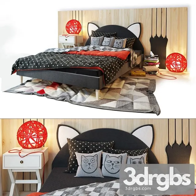 Bed and Wooden Panel Kitten Laska Family 3D Model Free
