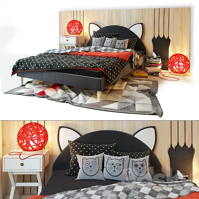 Bed and wooden panel. Kitten.LASKA Family 3D Model
