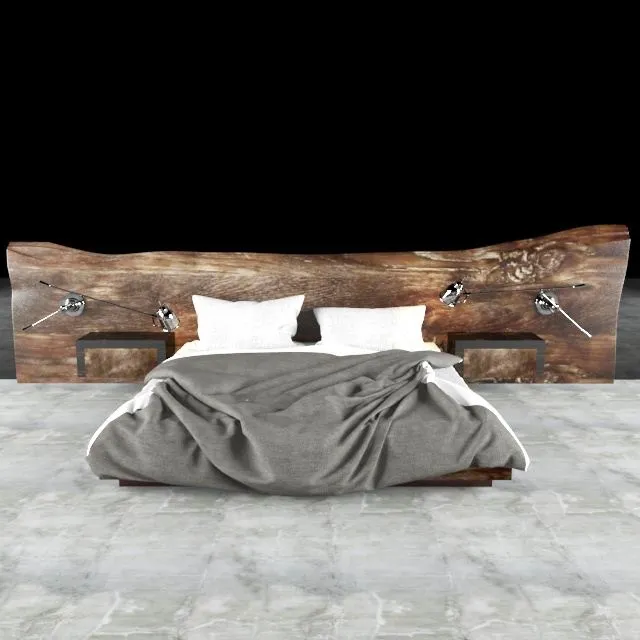 Bed with wooden headboard 3D Model