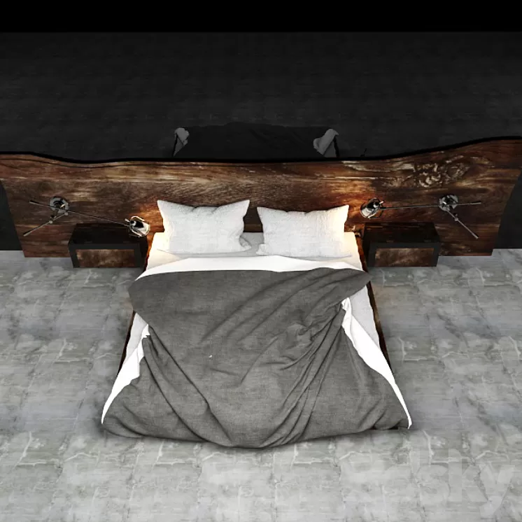 Bed with wooden headboard 3D Model