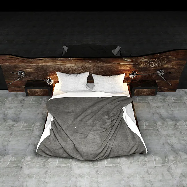 Bed with wooden headboard 3D Model