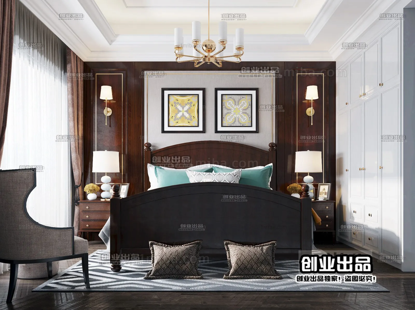 Bedroom 3D Interior Scene - American Style - 003