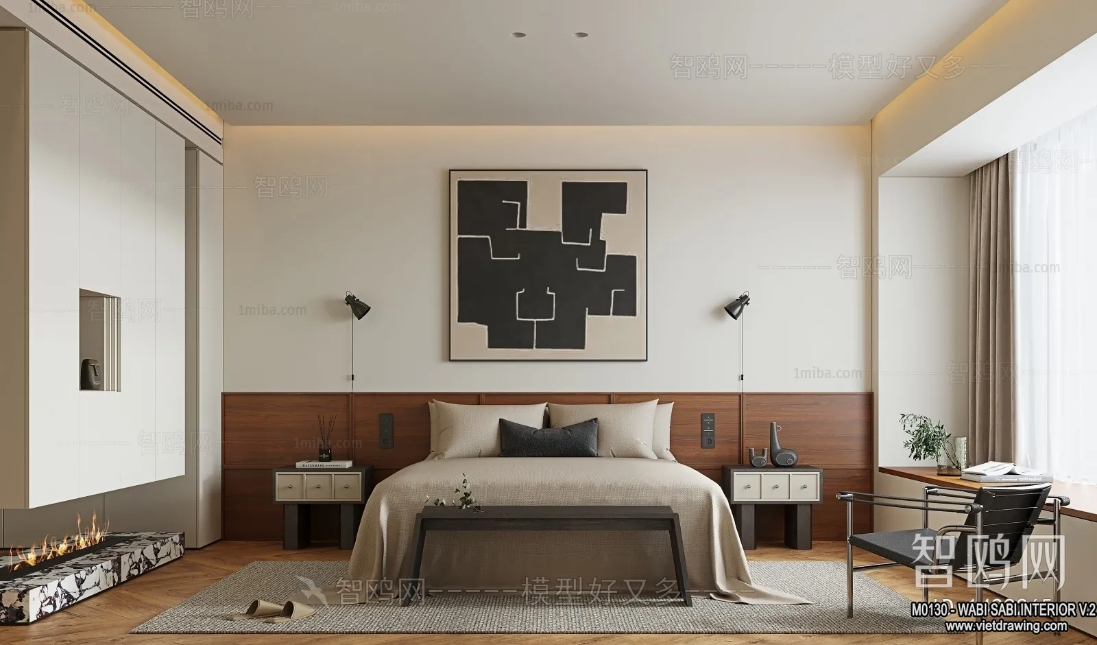 Bedroom 3D Interior Scene Model - Wabi Sabi Style - 044