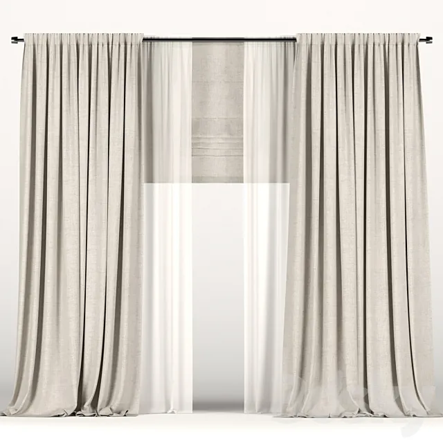 Beige curtains with tulle and a roman curtain 3D Model
