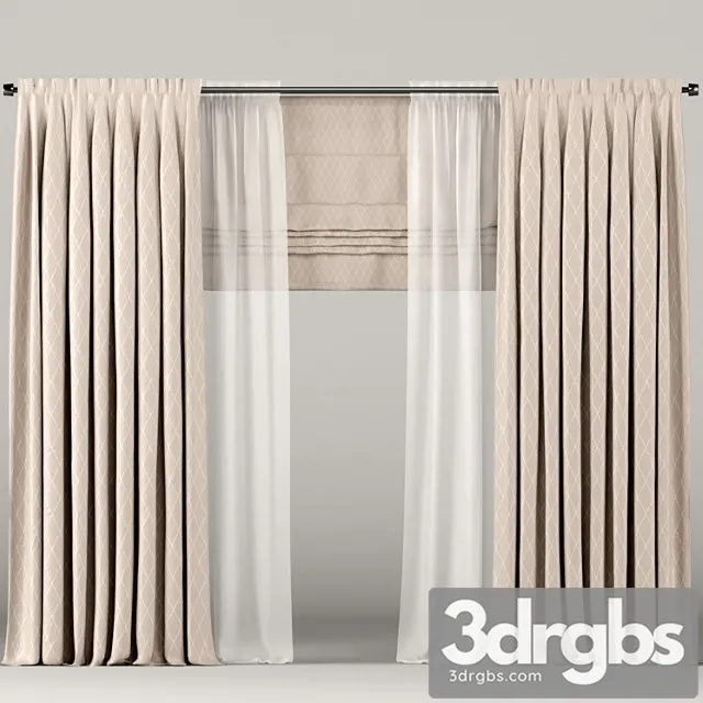 Beige curtains with tulle and roman blinds. 3D Model Free