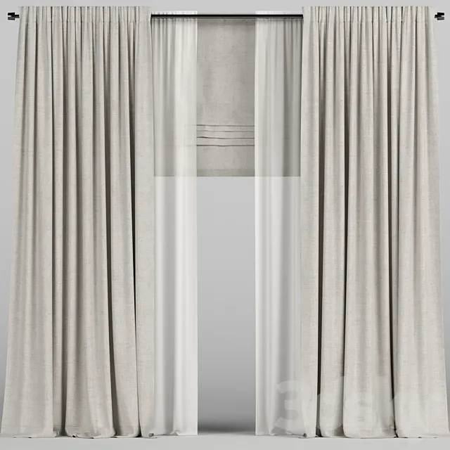 Beige curtains with tulle and roman blinds. 3DModel