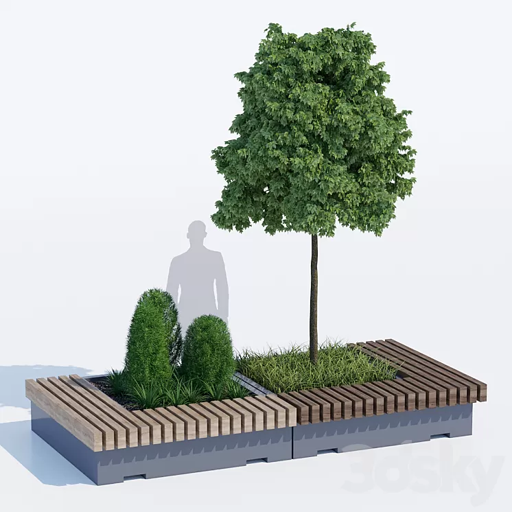 Big green benches tree 3D Model