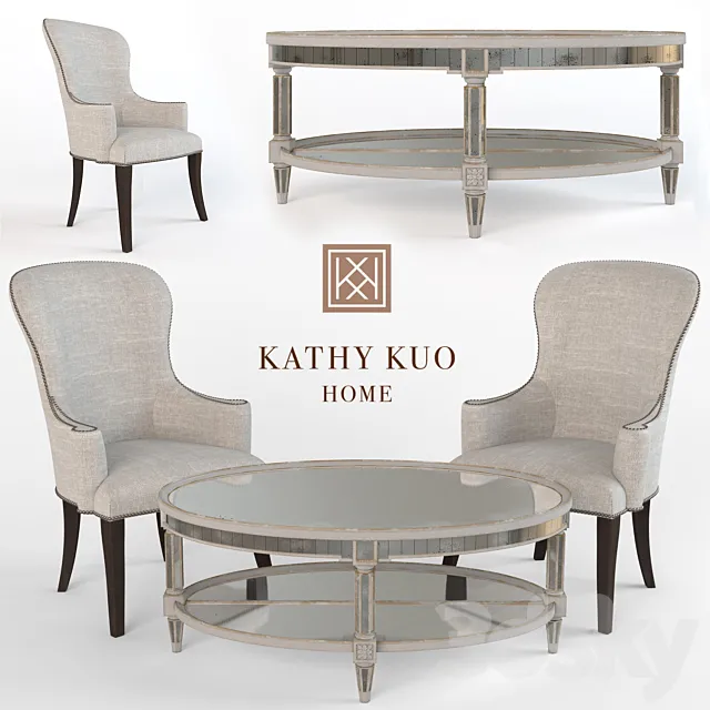 Biondo Armchair and Antique Mirror Coffee Table 3D Model