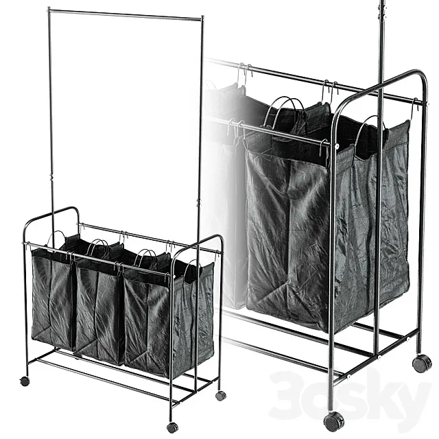 Black 3 Bag Heavy Duty Divided Laundry Hamper Sorter Cart with Wheels and Hanging Bar 3D Model