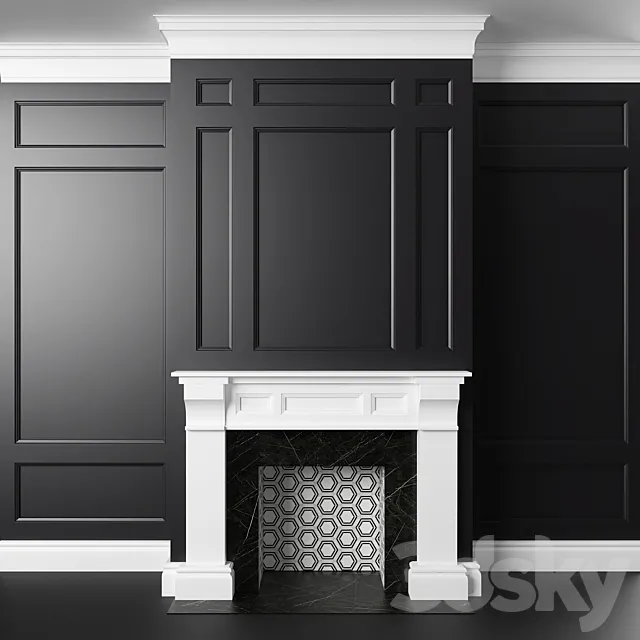 Black and white fireplace and panels 3D Model